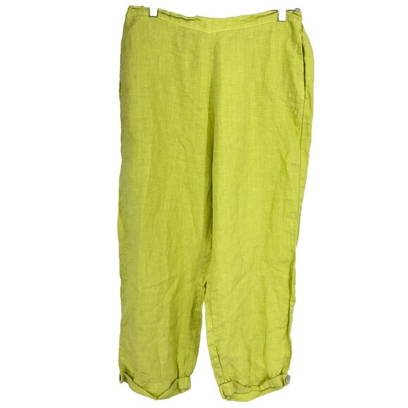 Habitat Women L 100% Linen Pant Crop Tapered Chartreuse Green Pull On Stretch - Picture 1 of 10